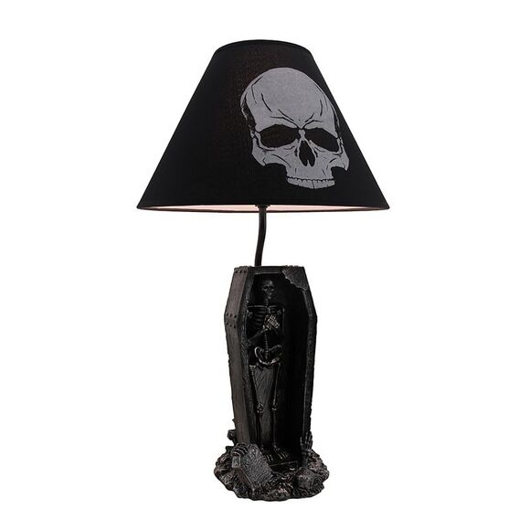 The Gloaming Skeleton in a Coffin Table Lamp and Fabric Skull Shade